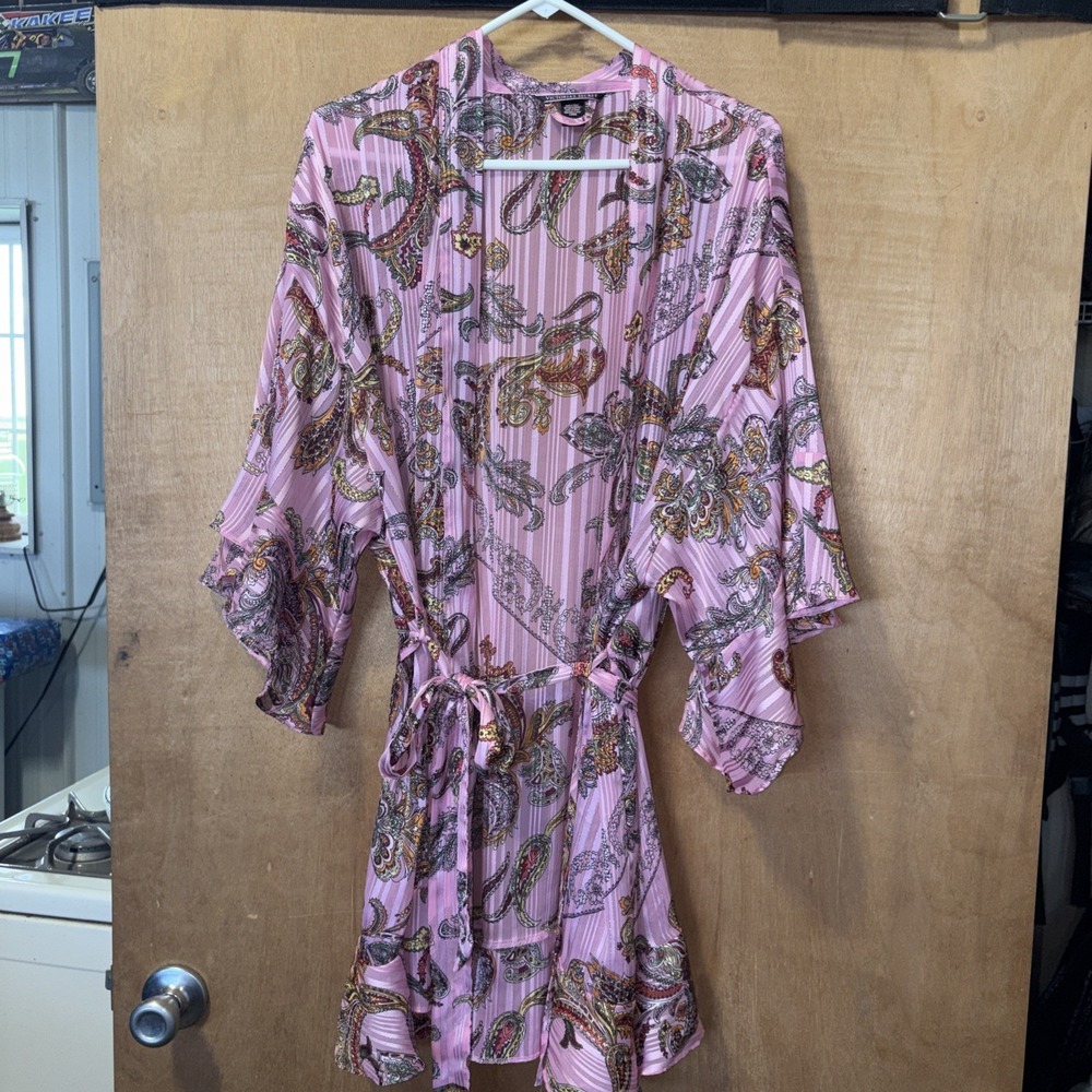 VS Victoria's Secret 3/4 Sleeve Robe Women's Pink Floral Satin Kimono M/L